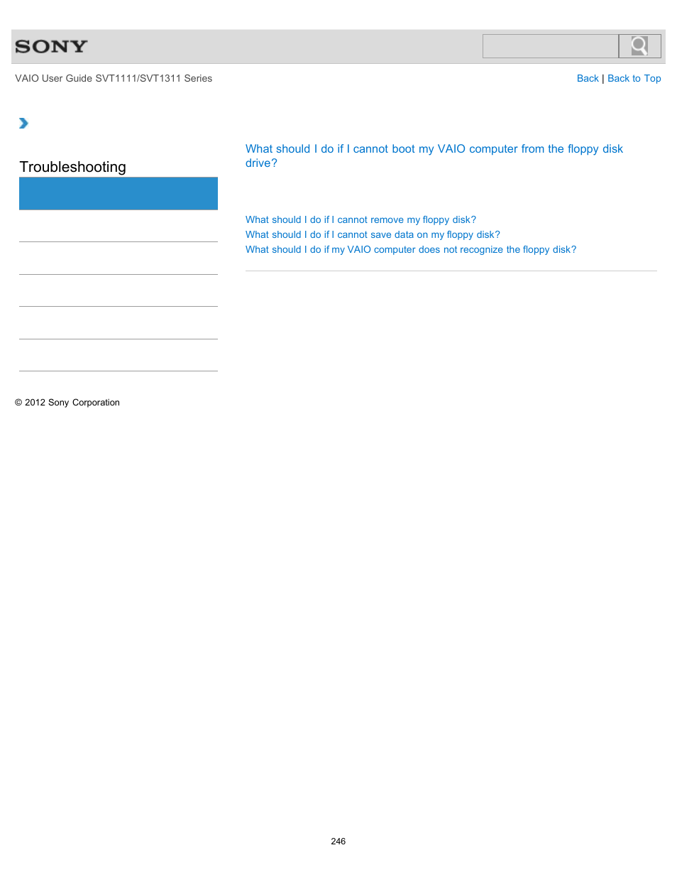 Floppy disk, Troubleshooting | Sony SVT13118FXS User Manual | Page 246 / 345