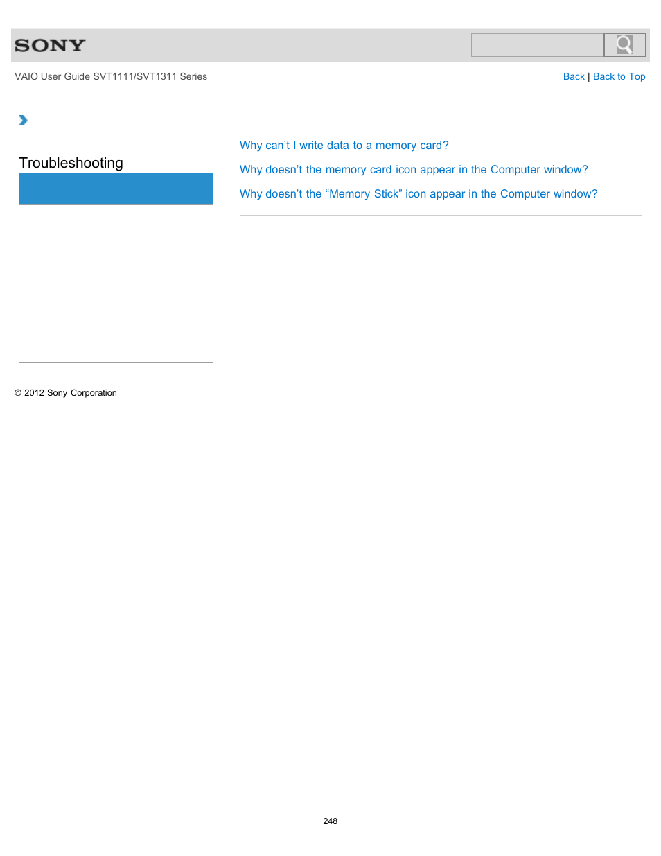 Memory card, Troubleshooting | Sony SVT13118FXS User Manual | Page 248 / 345