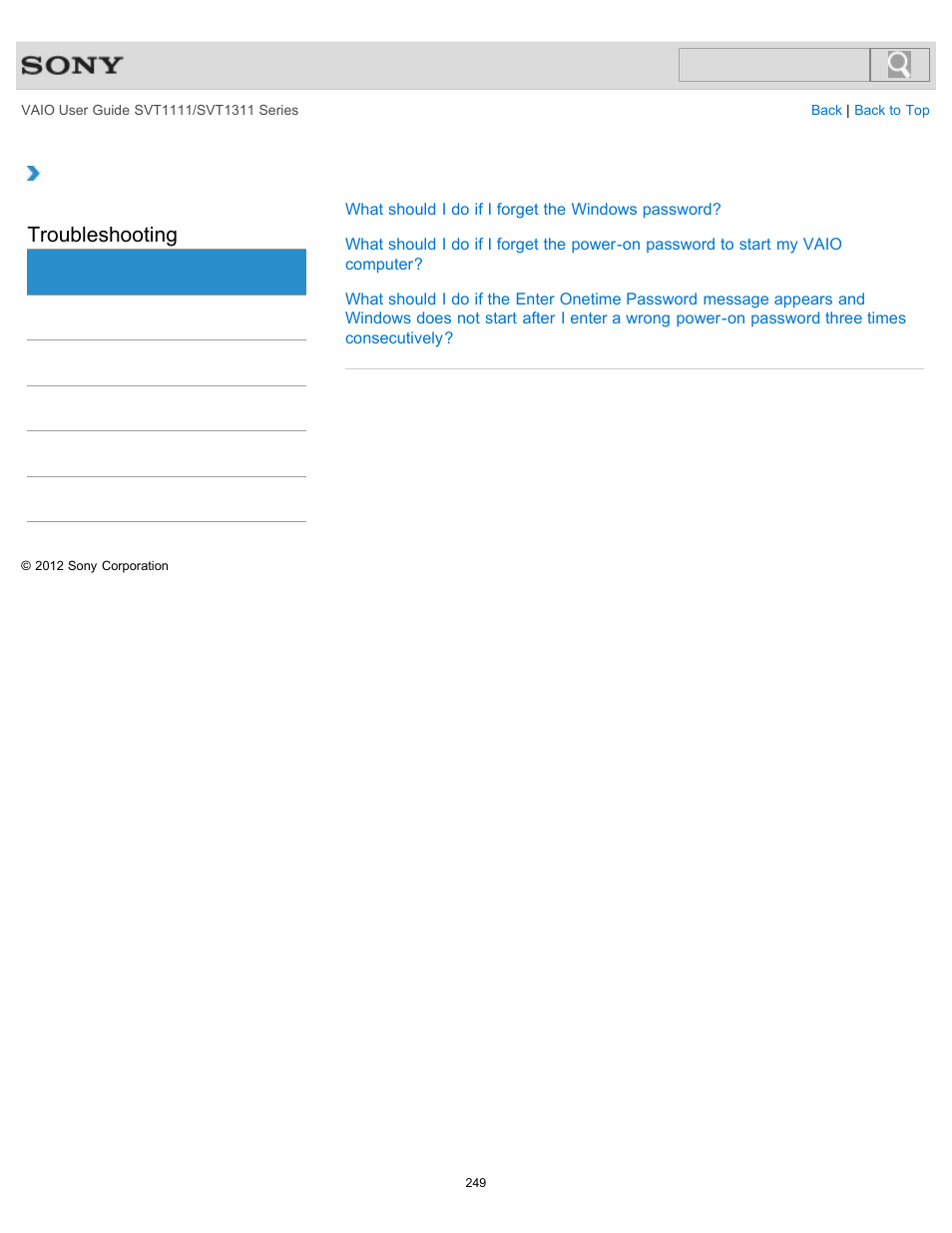 Password, Troubleshooting | Sony SVT13118FXS User Manual | Page 249 / 345