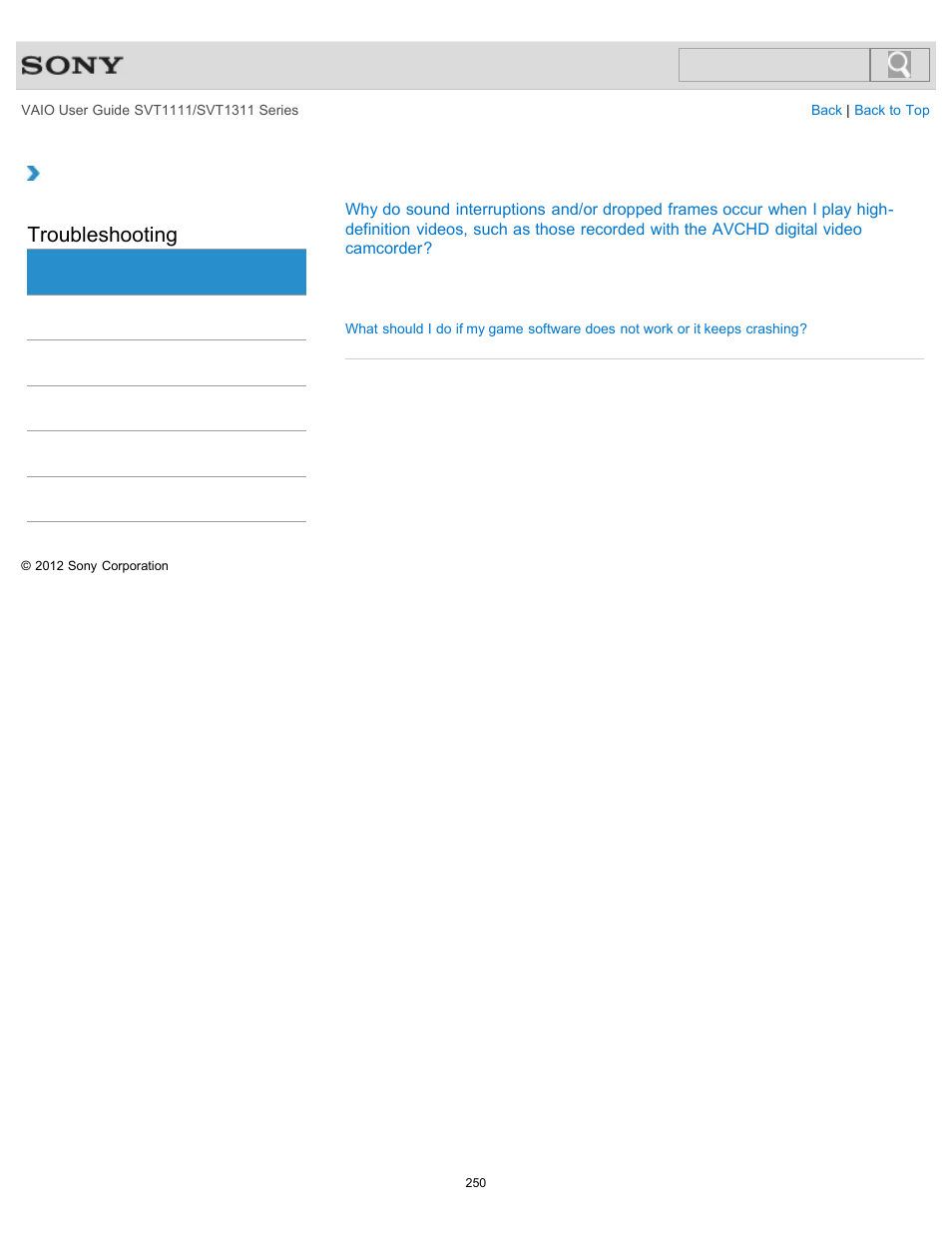 Software, Troubleshooting | Sony SVT13118FXS User Manual | Page 250 / 345