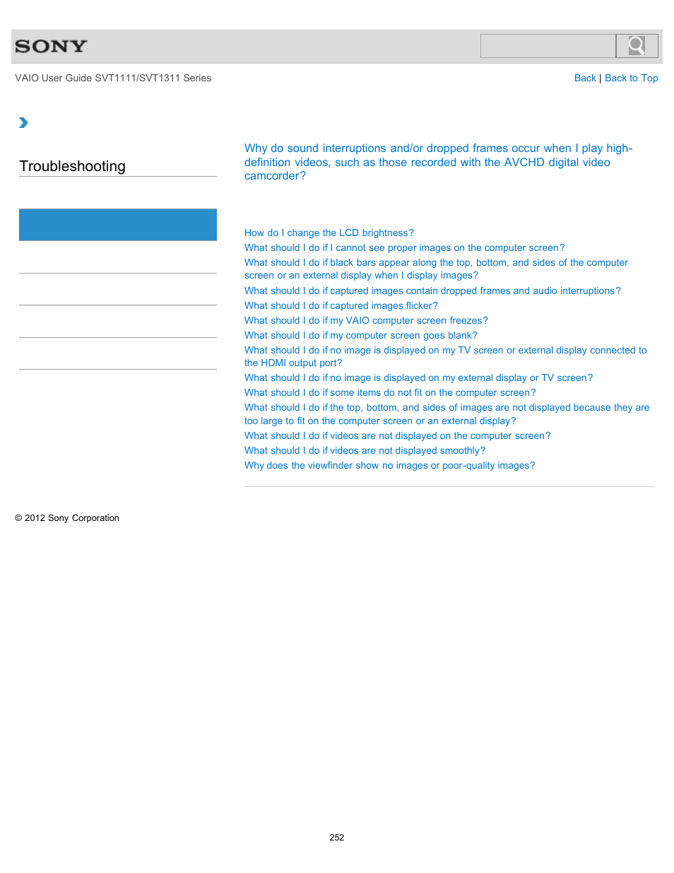 Display, Troubleshooting | Sony SVT13118FXS User Manual | Page 252 / 345