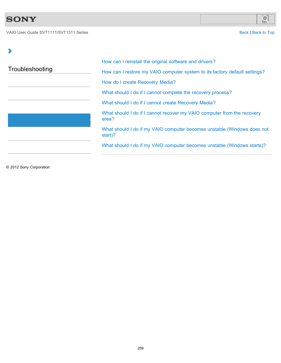 Recovery, Troubleshooting | Sony SVT13118FXS User Manual | Page 259 / 345