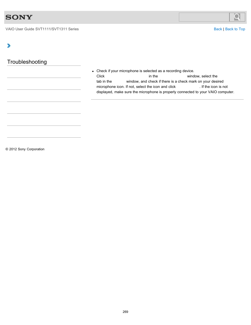 What should i do if my microphone does not work, Troubleshooting | Sony SVT13118FXS User Manual | Page 269 / 345