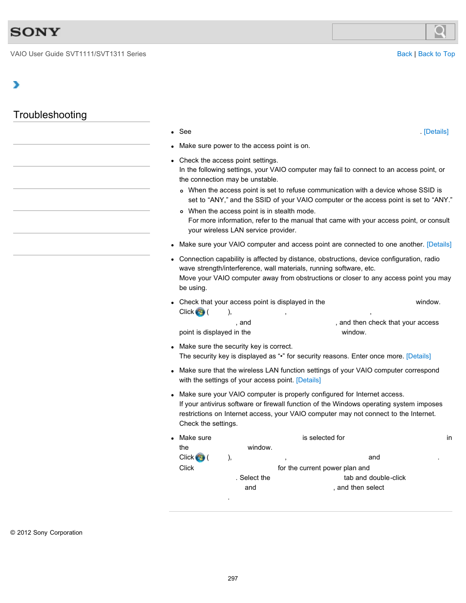 The internet), Troubleshooting | Sony SVT13118FXS User Manual | Page 297 / 345