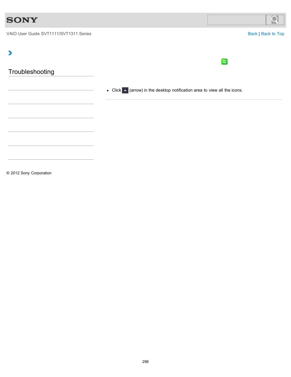 Notification area, Troubleshooting | Sony SVT13118FXS User Manual | Page 298 / 345