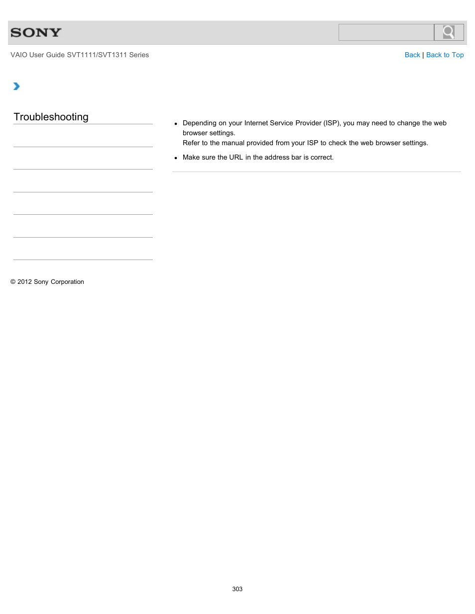 What should i do if the website is not displayed, Troubleshooting | Sony SVT13118FXS User Manual | Page 303 / 345