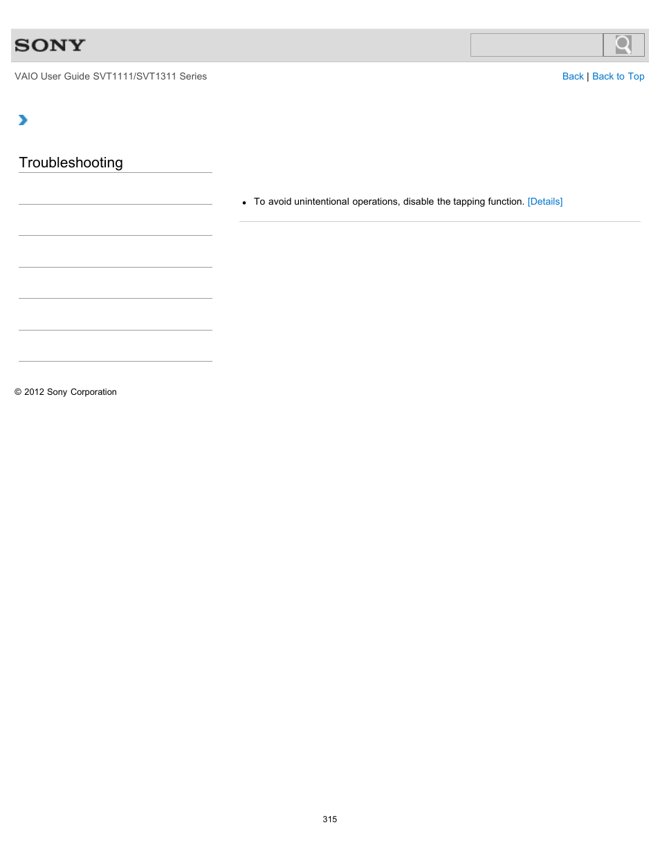 Light touch on the touch pad, Troubleshooting | Sony SVT13118FXS User Manual | Page 315 / 345