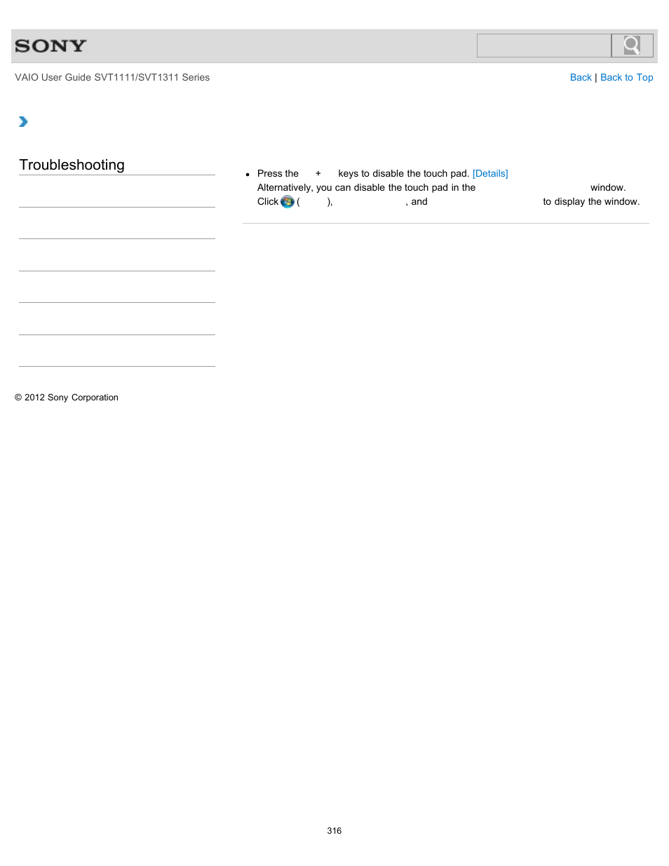 How do i disable the touch pad, Troubleshooting | Sony SVT13118FXS User Manual | Page 316 / 345