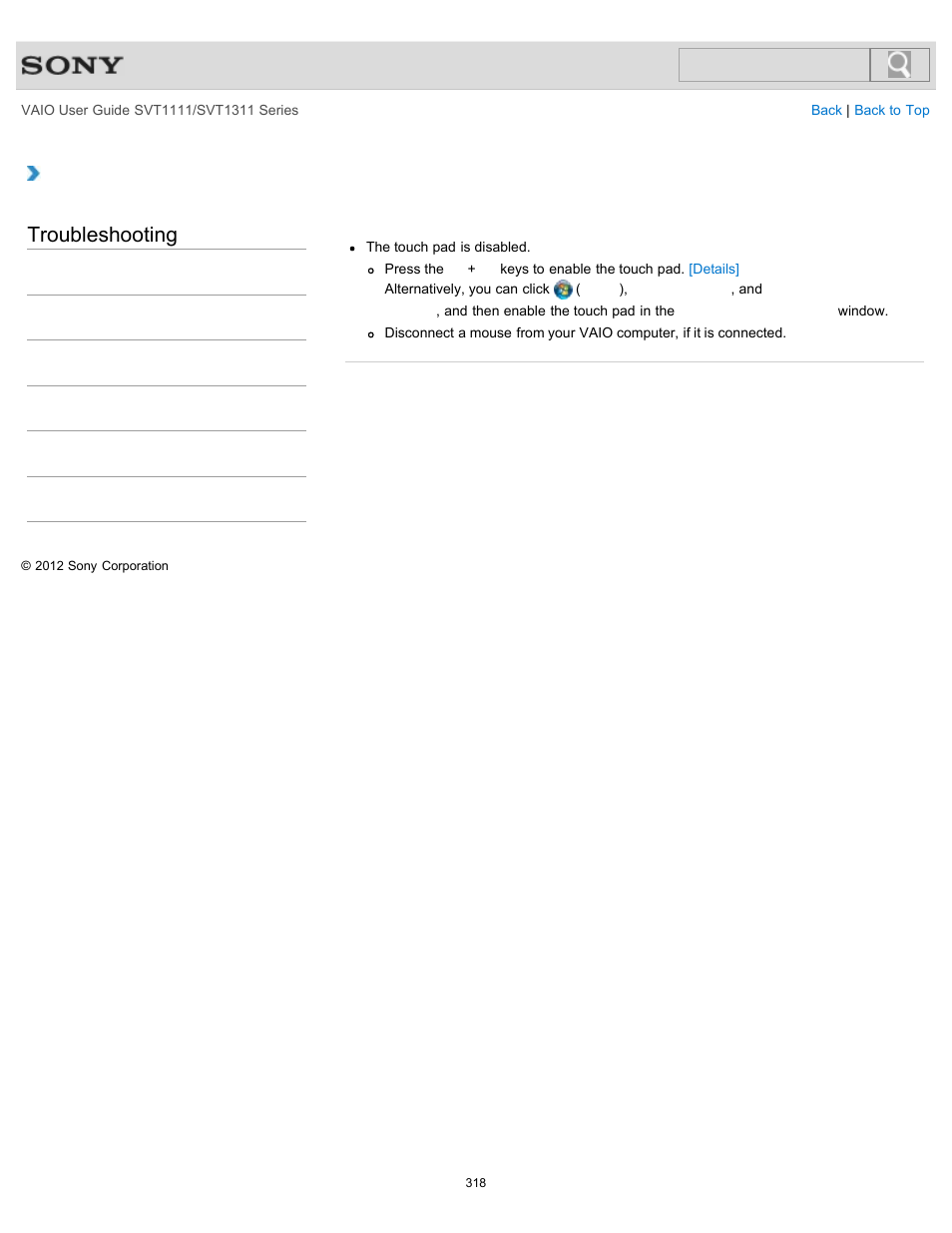 Why can’t i use the touch pad, Details, Troubleshooting | Sony SVT13118FXS User Manual | Page 318 / 345