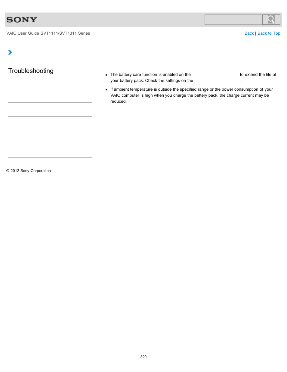 Why can’t i fully charge my battery pack, Troubleshooting | Sony SVT13118FXS User Manual | Page 320 / 345