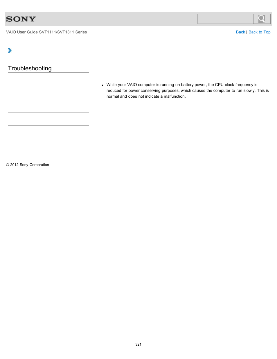 While the computer is running on battery power, Troubleshooting | Sony SVT13118FXS User Manual | Page 321 / 345