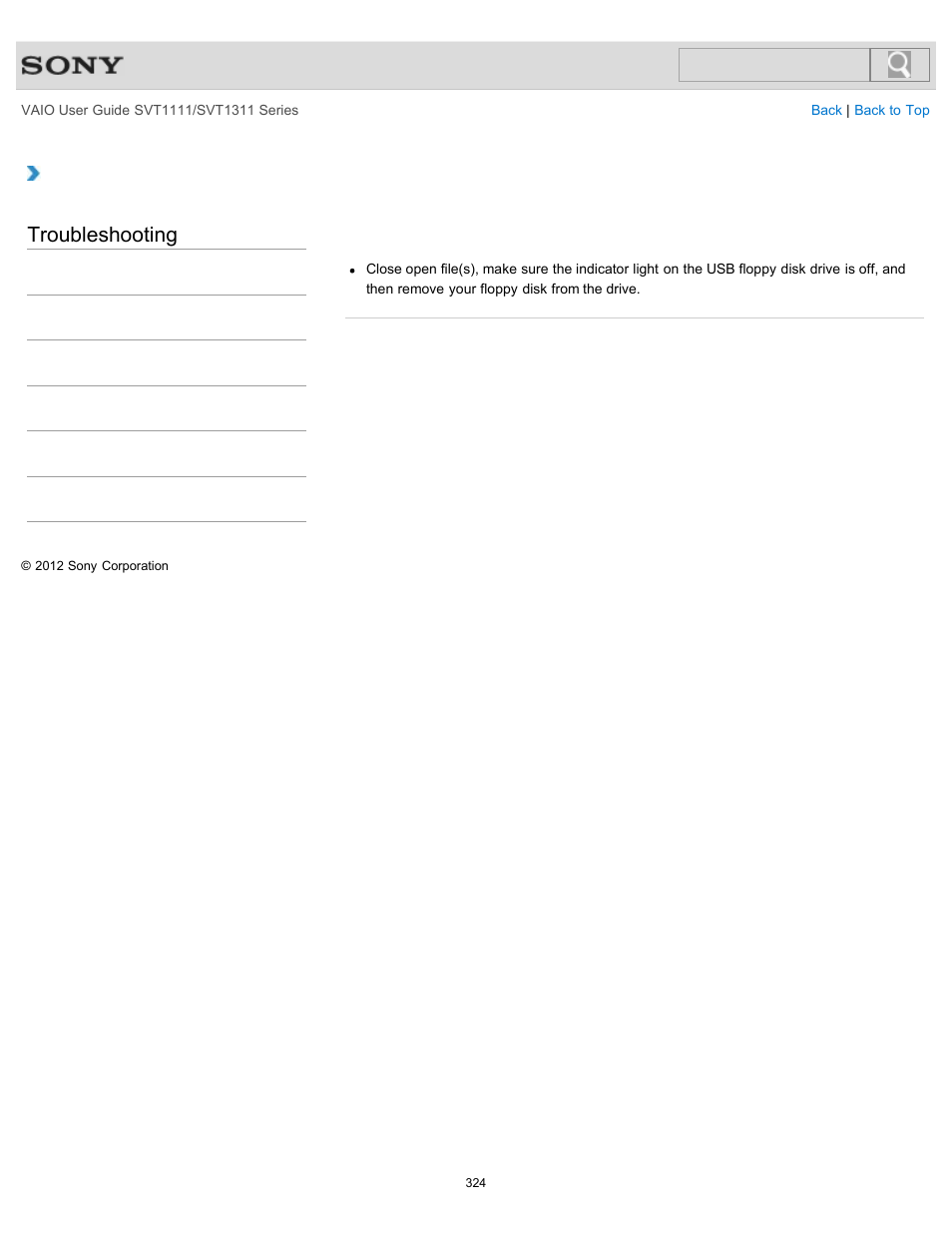 What should i do if i cannot remove my floppy disk, Troubleshooting | Sony SVT13118FXS User Manual | Page 324 / 345