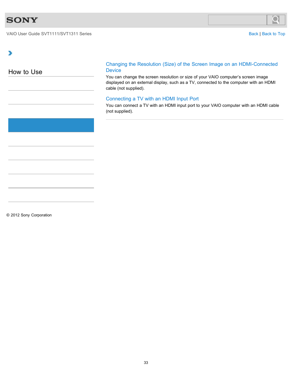 Hdmi, How to use | Sony SVT13118FXS User Manual | Page 33 / 345