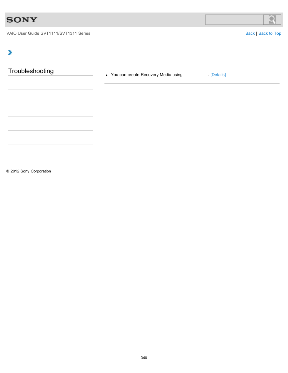 How do i create recovery media, Troubleshooting | Sony SVT13118FXS User Manual | Page 340 / 345