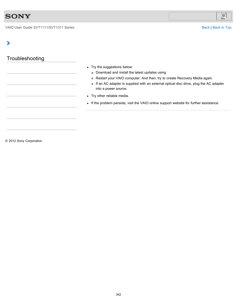 What should i do if i cannot create recovery media, Troubleshooting | Sony SVT13118FXS User Manual | Page 342 / 345