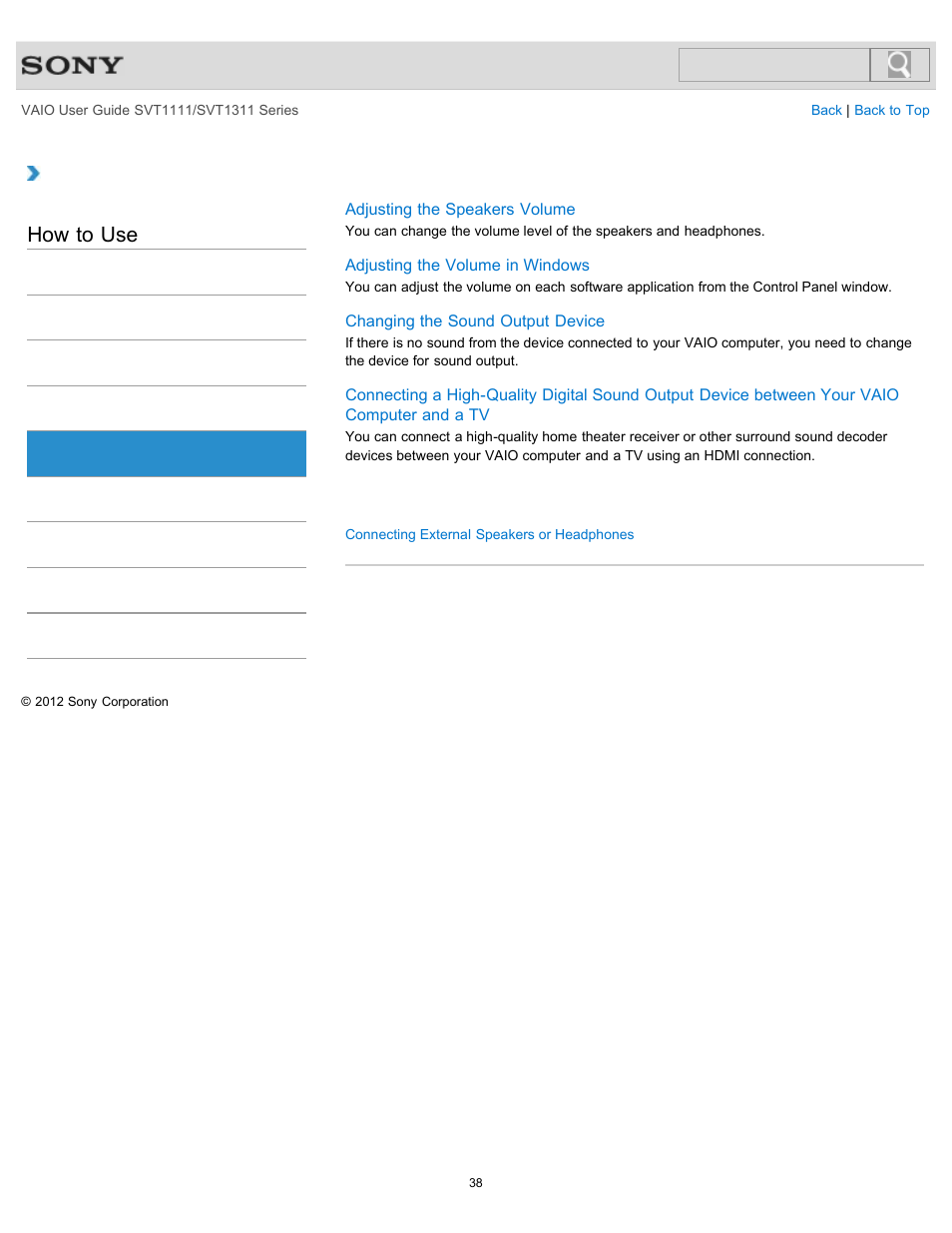 Audio, How to use | Sony SVT13118FXS User Manual | Page 38 / 345