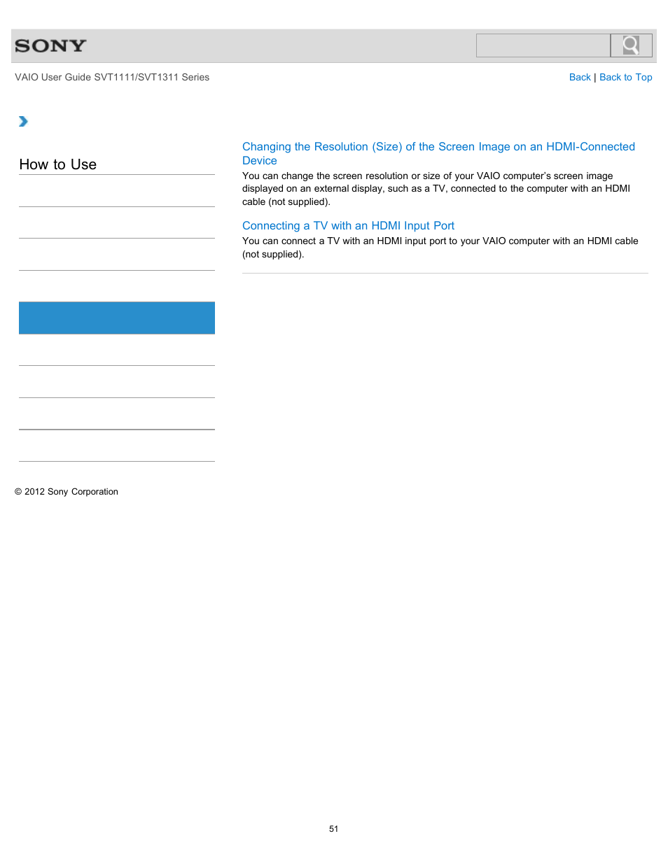 Hdmi, How to use | Sony SVT13118FXS User Manual | Page 51 / 345