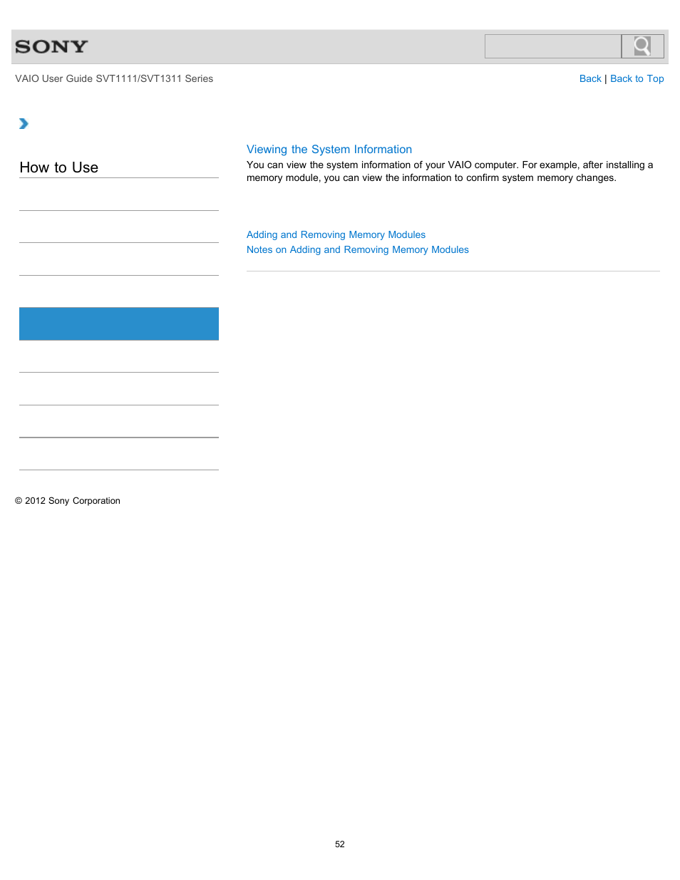 Memory module, How to use | Sony SVT13118FXS User Manual | Page 52 / 345