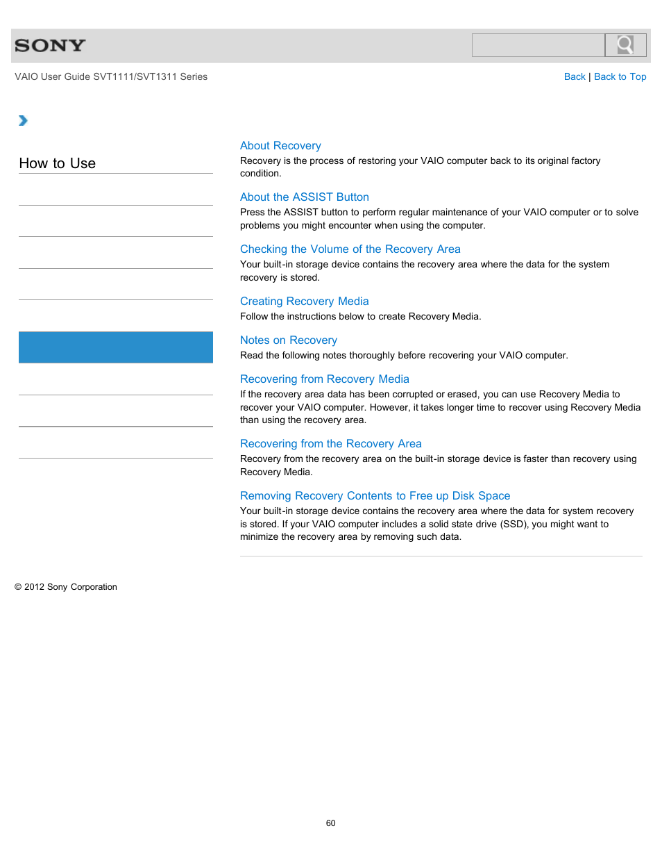 Recovery, How to use | Sony SVT13118FXS User Manual | Page 60 / 345