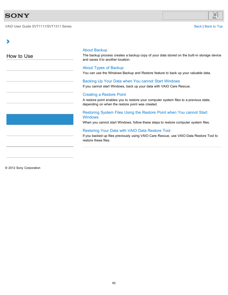 Backup, How to use | Sony SVT13118FXS User Manual | Page 62 / 345