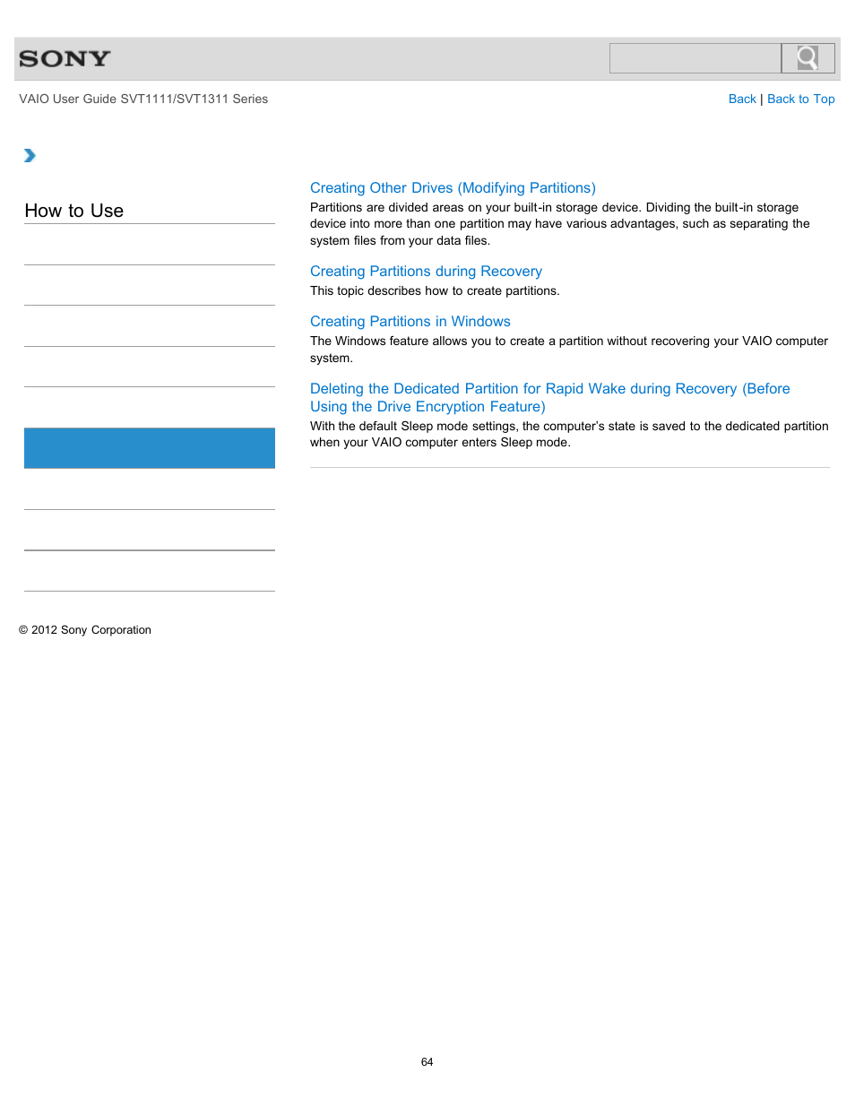 Partition, How to use | Sony SVT13118FXS User Manual | Page 64 / 345