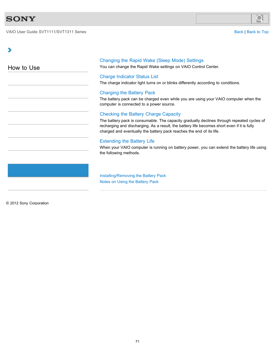 Battery, How to use | Sony SVT13118FXS User Manual | Page 71 / 345