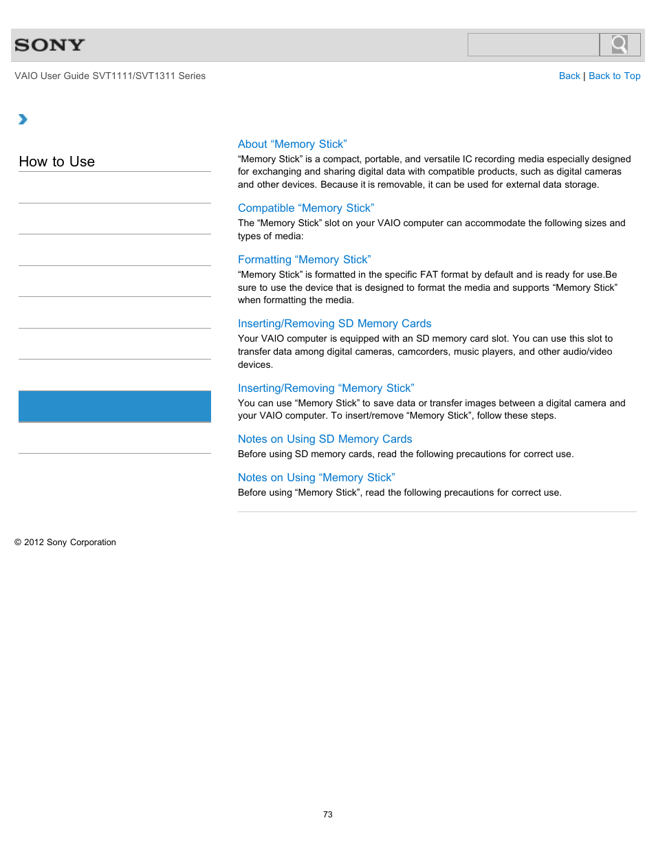 Memory card, How to use | Sony SVT13118FXS User Manual | Page 73 / 345