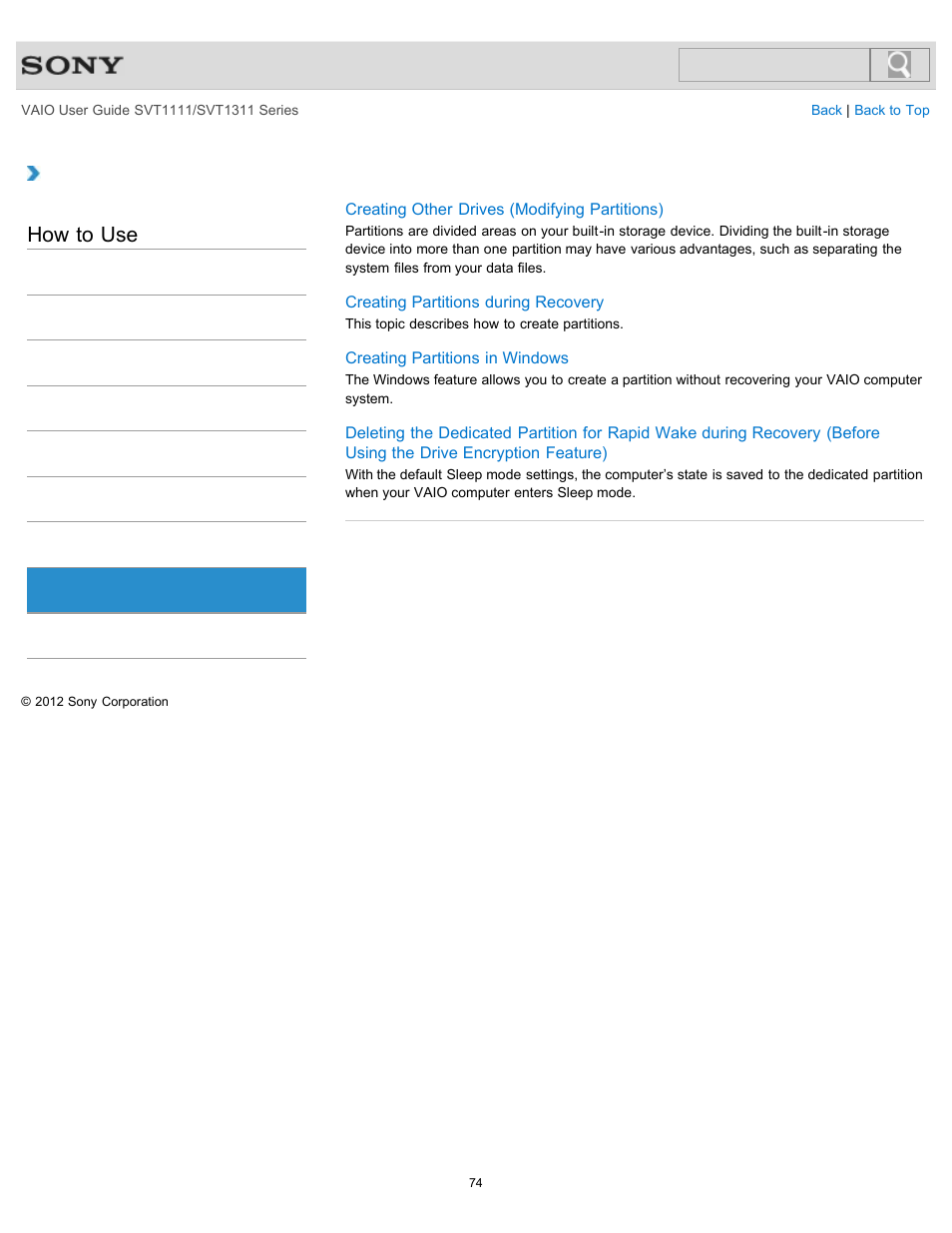 Partition, How to use | Sony SVT13118FXS User Manual | Page 74 / 345