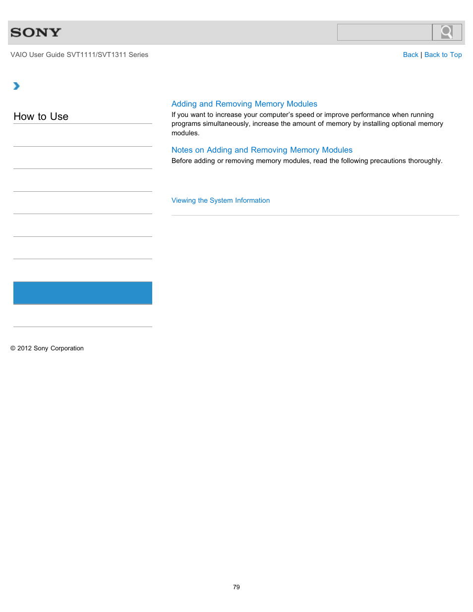 Memory module, How to use | Sony SVT13118FXS User Manual | Page 79 / 345