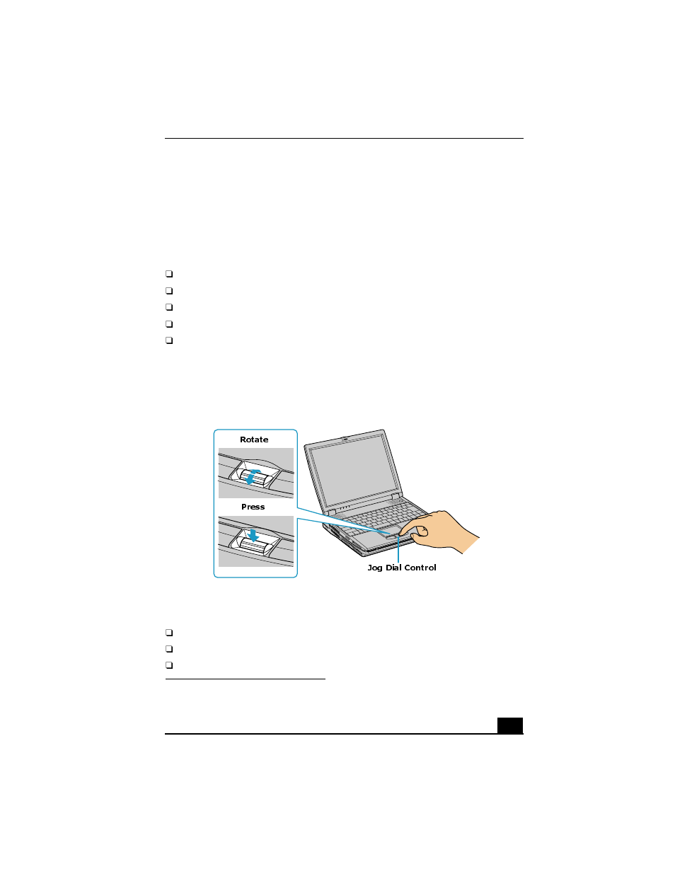 Using the jog dial control, Locating the jog dial control, Jog dial control press rotate | Sony PCG-R505GL User Manual | Page 79 / 196