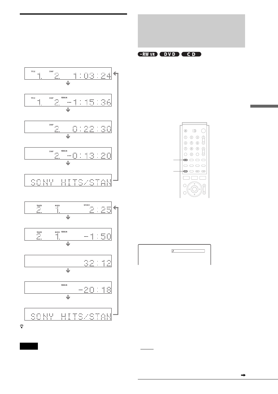Selecting the sound, Checking the playing time on the front panel, Display | Pl ay back | Sony RDR-GX7 User Manual | Page 57 / 112