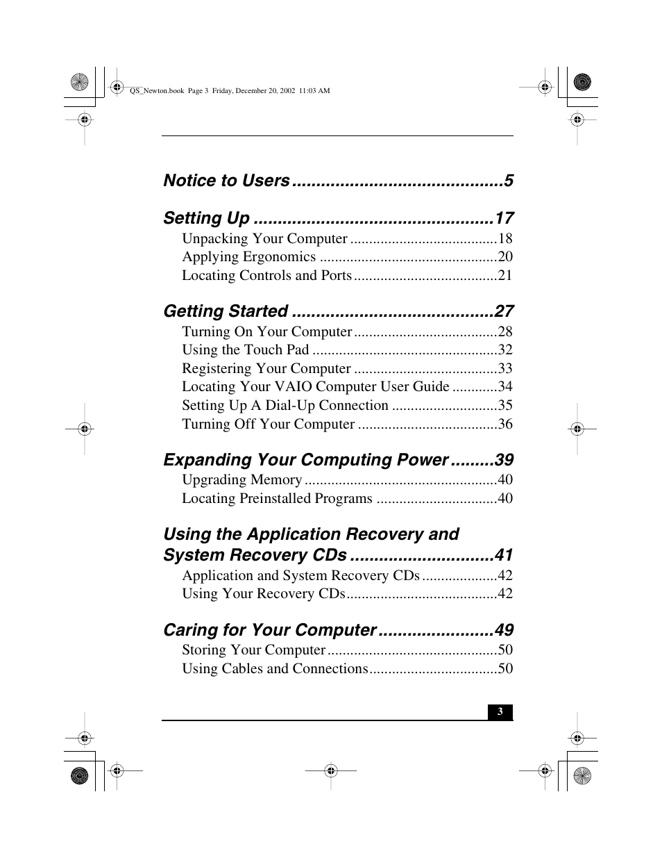 Notice to users setting up, Getting started, Expanding your computing power | Caring for your computer | Sony PCG-GRV670 User Manual | Page 3 / 68