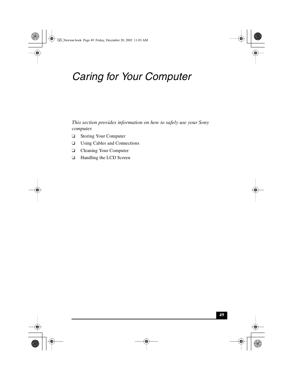 Caring for your computer | Sony PCG-GRV670 User Manual | Page 49 / 68