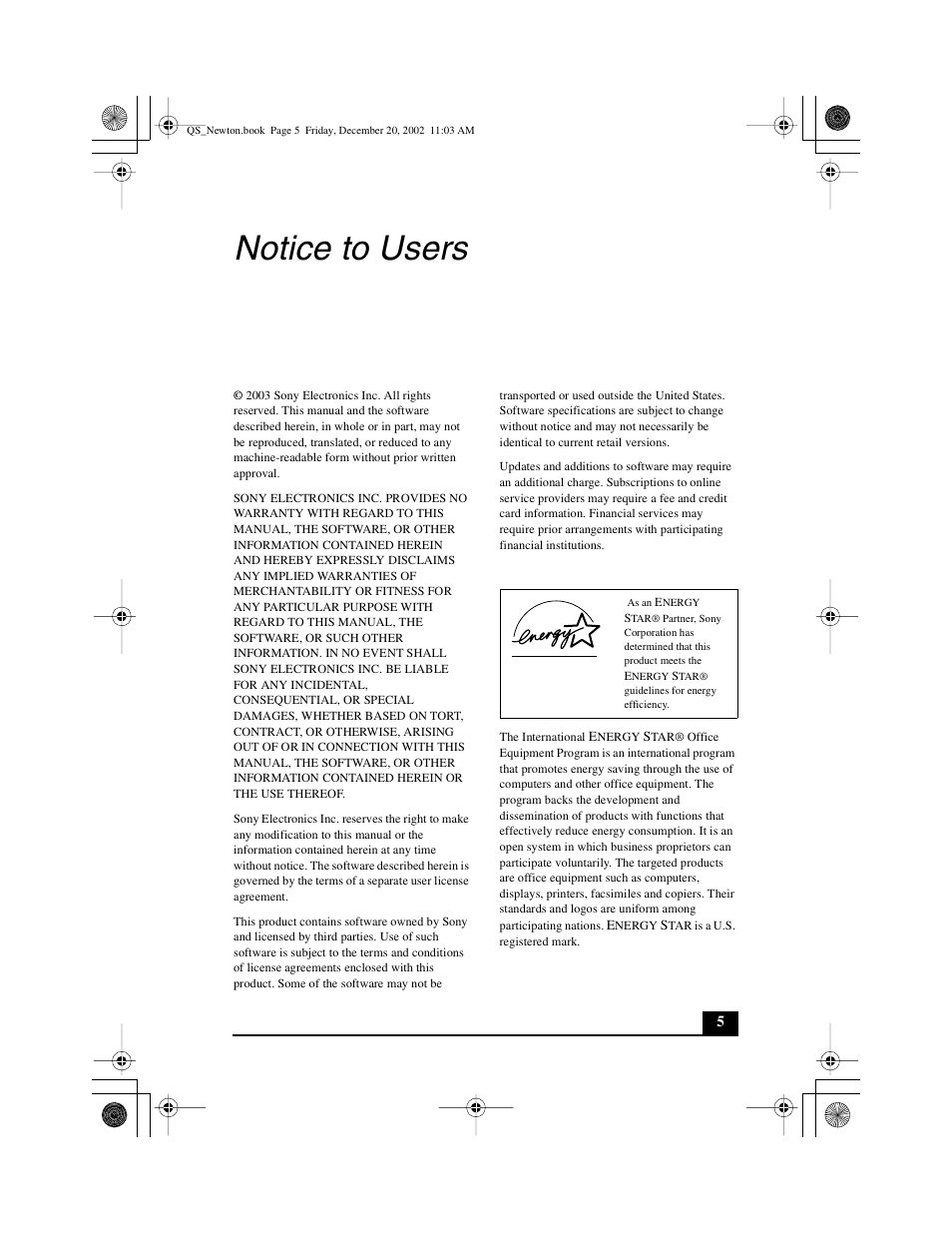 Notice to users | Sony PCG-GRV670 User Manual | Page 5 / 68