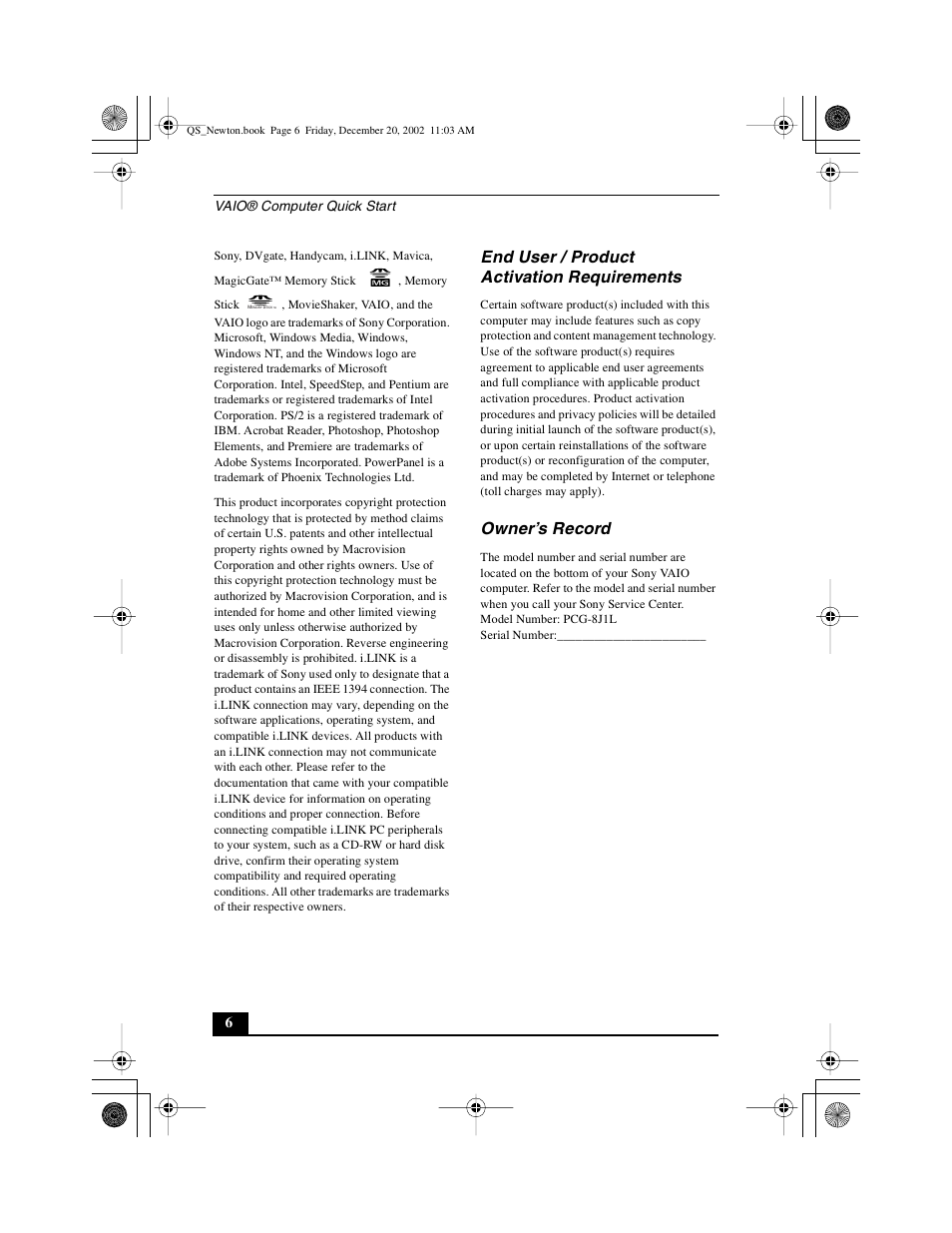 End user / product activation requirements, Owner’s record, Vaio® computer quick start | Sony PCG-GRV670 User Manual | Page 6 / 68