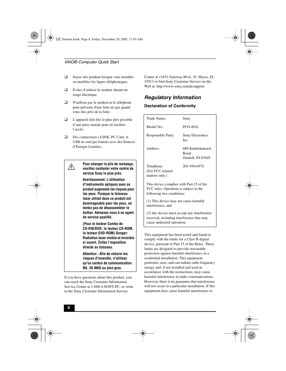 Regulatory information | Sony PCG-GRV670 User Manual | Page 8 / 68