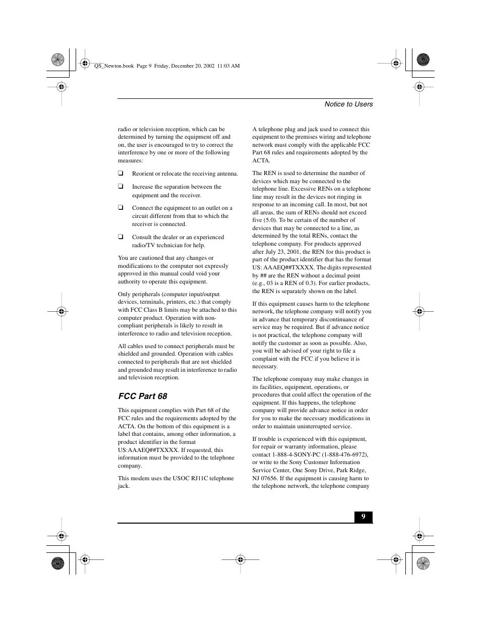 Fcc part 68 | Sony PCG-GRV670 User Manual | Page 9 / 68