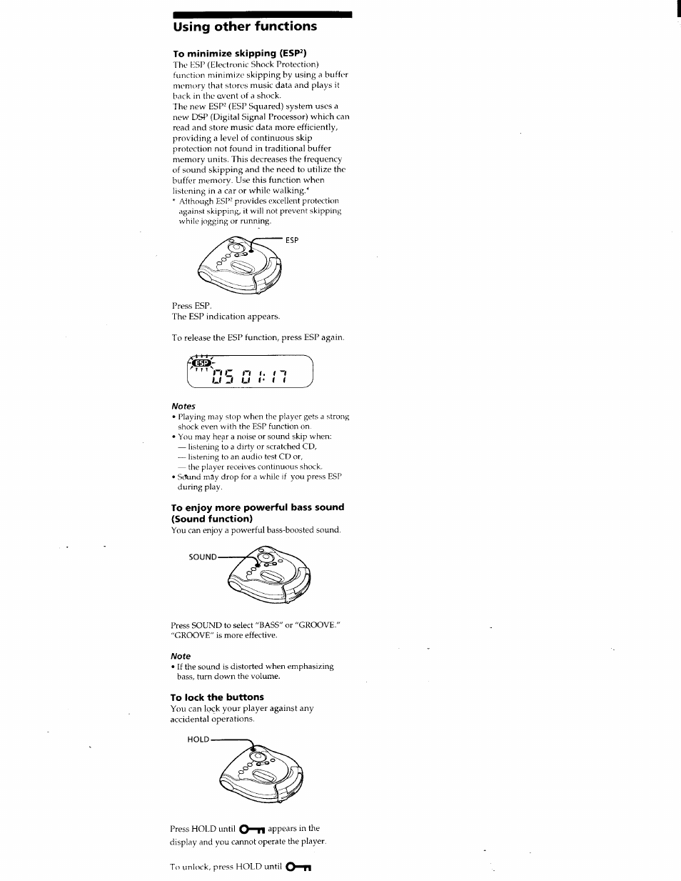 To minimize skipping (esp^), To lock the buttons, U j u | Using other functions, N c n, I* * i r, Sound, Hold | Sony D-ES55 User Manual | Page 11 / 26