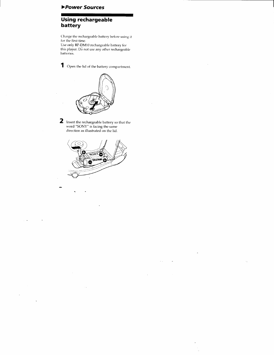 Power sources, Using rechargeable battery, Power | Sony D-ES55 User Manual | Page 16 / 26