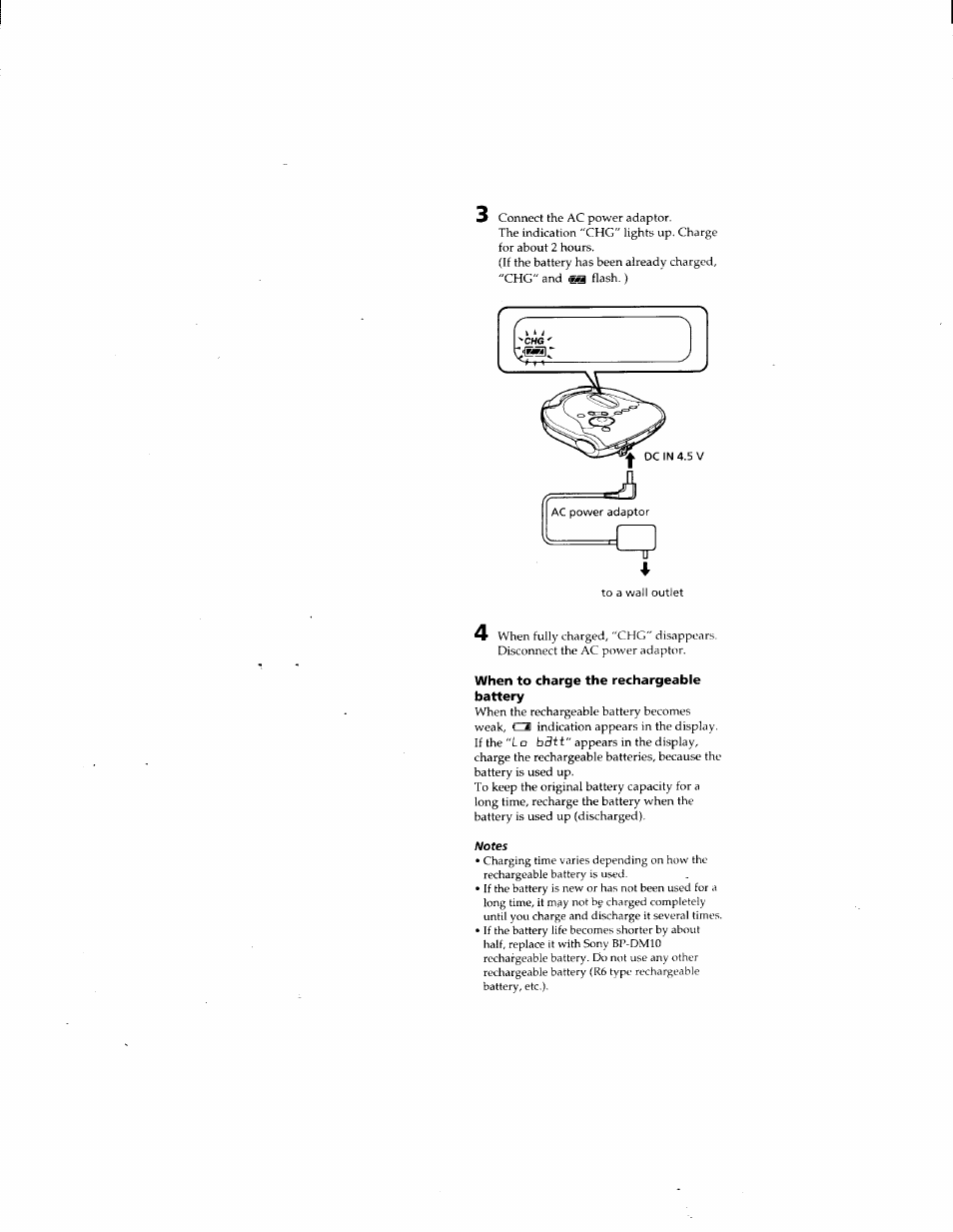 When to charge the rechargeable battery, Ac power adaptor | Sony D-ES55 User Manual | Page 17 / 26