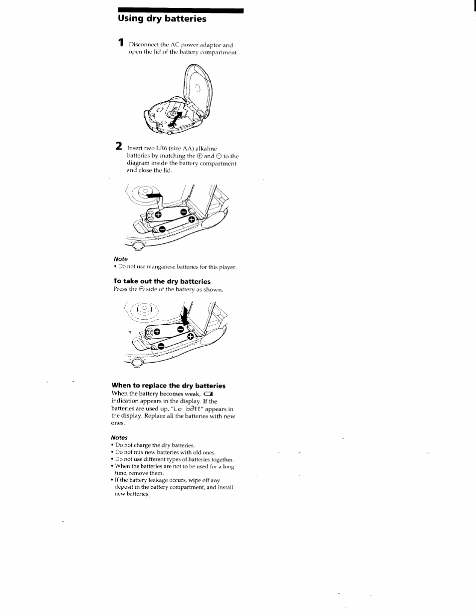 Using dry batteries, To take out the dry batteries, When to replace the dry batteries | Sony D-ES55 User Manual | Page 18 / 26