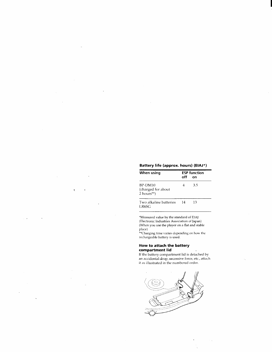Battery life (approx, hours) (eiaj*), How to attach the battery compartment lid | Sony D-ES55 User Manual | Page 19 / 26