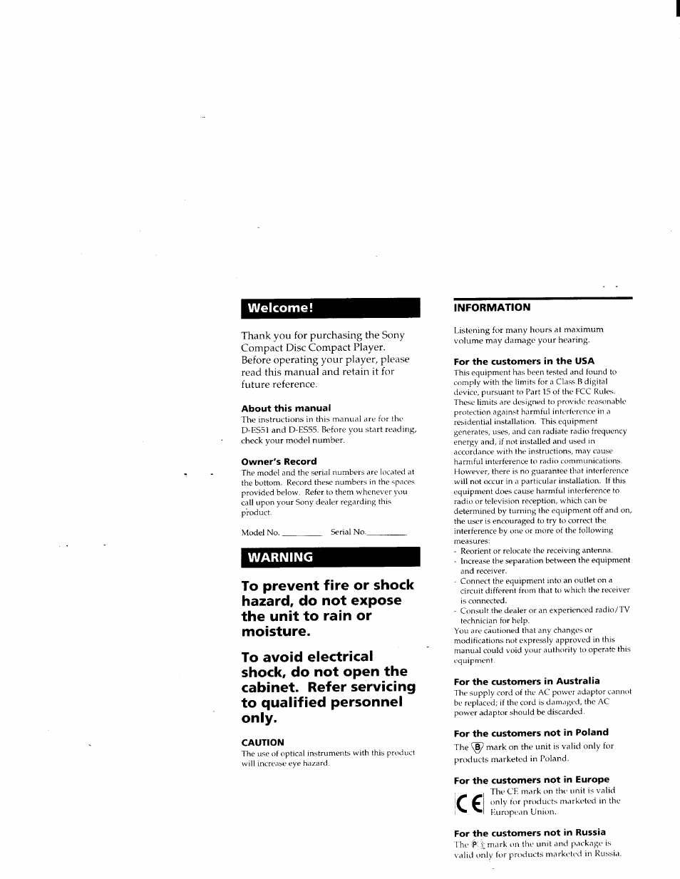 Welcome, About this manual, Owner's record | Warning, Caution, For the customers in the usa, For the customers in australia, For the customers not in poland, For the customers not in europe, For the customers not in russia | Sony D-ES55 User Manual | Page 2 / 26