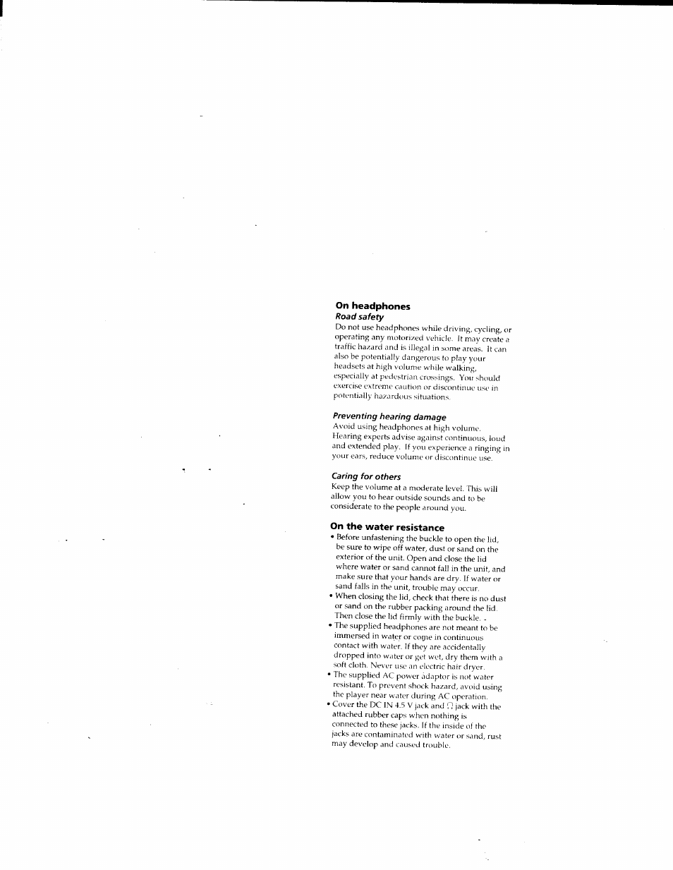 On headphones, On the water resistance, Road safety | Preventing hearing damage, Caring for others | Sony D-ES55 User Manual | Page 21 / 26
