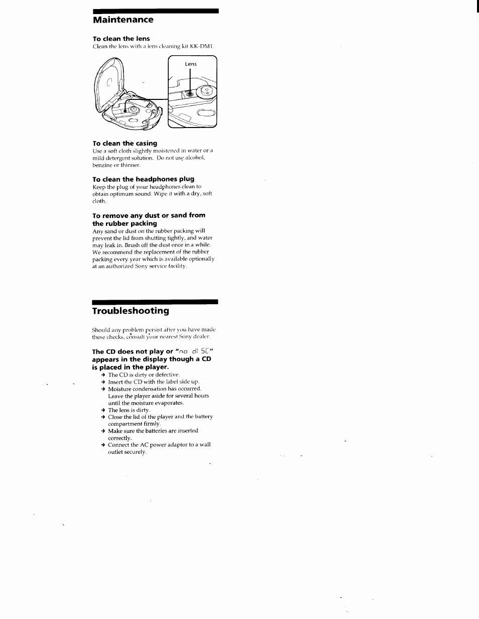 Maintenance, To clean the lens, To clean the casing | To clean the headphones plug, To remove any dust or sand from the rubber packing, Troubleshooting, The cd does not play or | Sony D-ES55 User Manual | Page 23 / 26