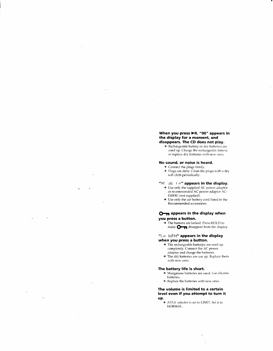 No sound, or noise is heard, Hi dc in" appears in the display, O-n appears in the display when you press a button | The battery life is short, Appears in the display, Appears in the display when you press a button | Sony D-ES55 User Manual | Page 24 / 26