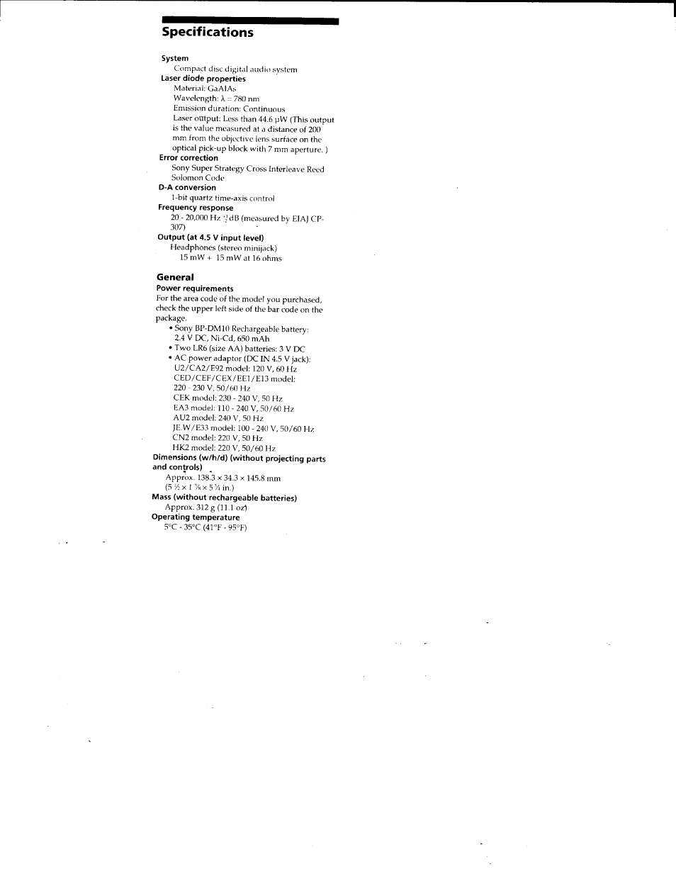 Specifications, General | Sony D-ES55 User Manual | Page 25 / 26