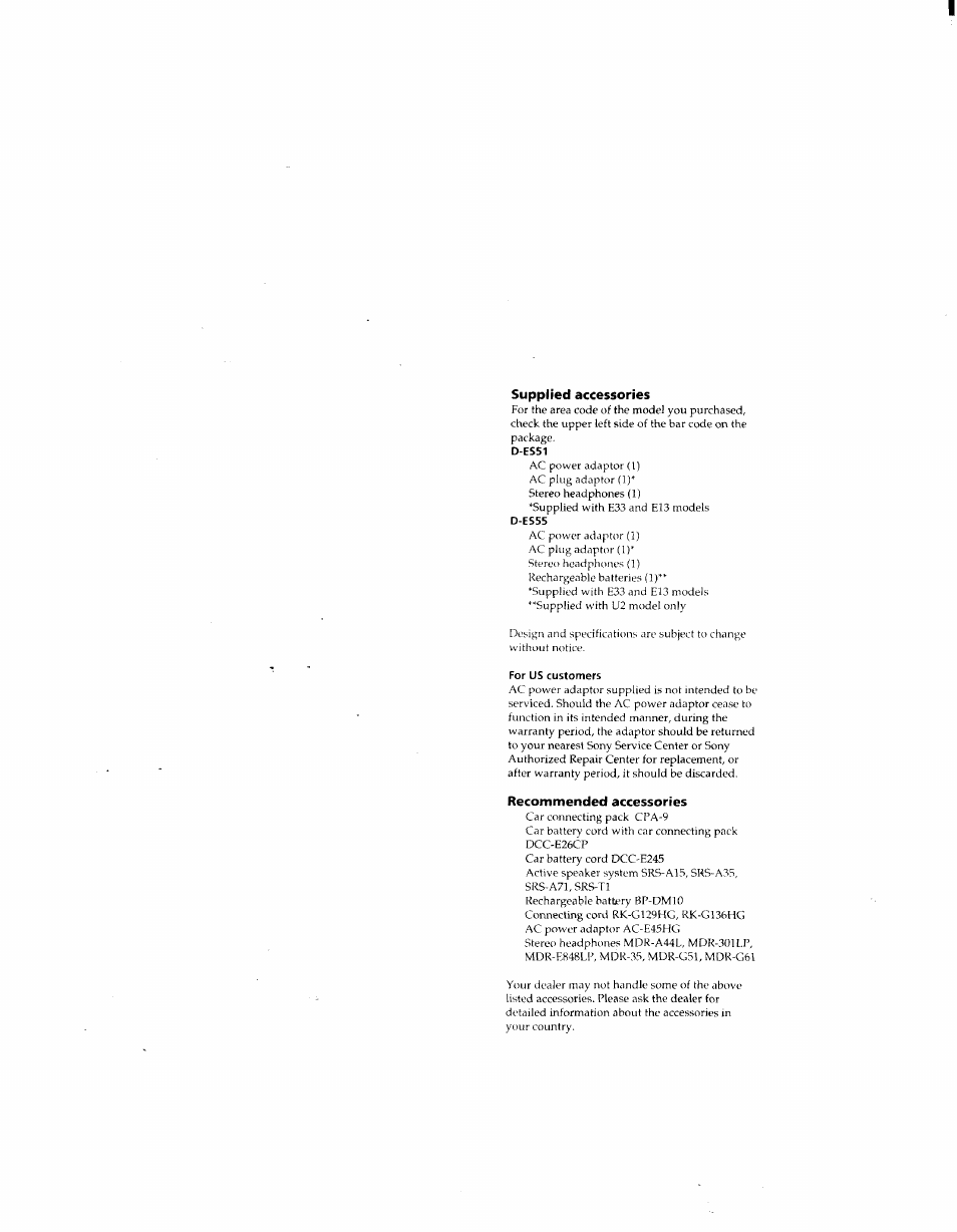 Supplied accessories, Recommended accessories, D-es51 | D-es55, For us customers | Sony D-ES55 User Manual | Page 26 / 26