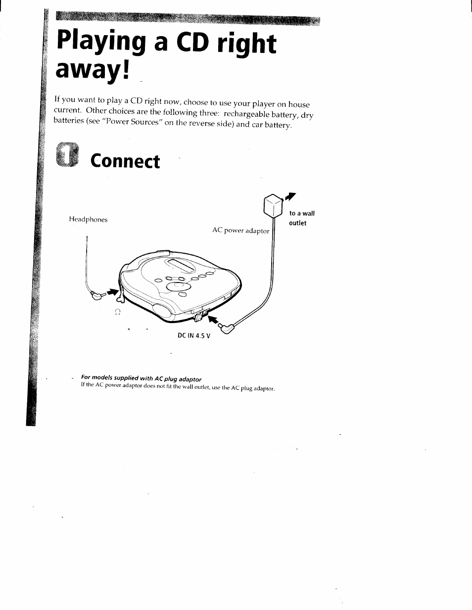 Playing a cd right away, Connect | Sony D-ES55 User Manual | Page 3 / 26