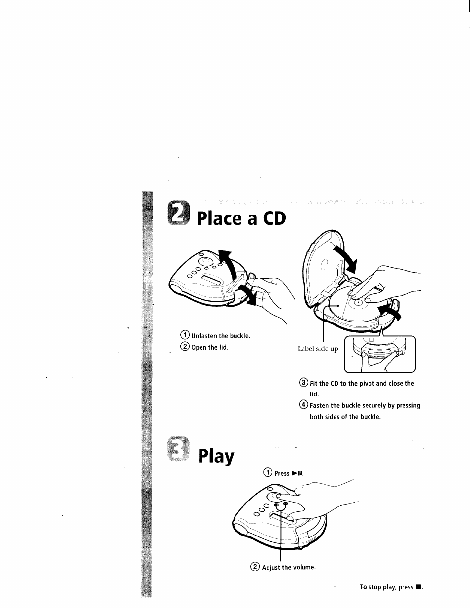 Place a cd, Play | Sony D-ES55 User Manual | Page 4 / 26